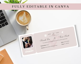 Boarding Pass Save the Date Canva Template | Destination Wedding Invitation | Passport Save the Date Invite | Fully editable