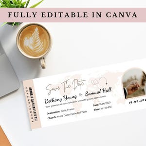 Boarding Pass Save the Date Canva Template | Destination Wedding Invitation | Passport Save the Date Invite Pink | Fully editable