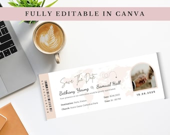 Boarding Pass Save the Date Canva Template | Destination Wedding Invitation | Passport Save the Date Invite Pink | Fully editable