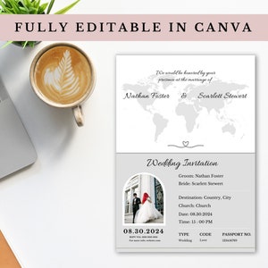 Boarding Pass Wedding Invitation Canva Template | Destination Wedding | Save the date | Passport Wedding Invite Grey | Fully editable