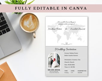 Boarding Pass Wedding Invitation Canva Template | Destination Wedding | Save the date | Passport Wedding Invite Grey | Fully editable