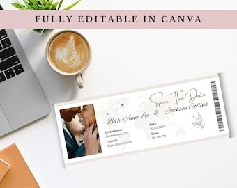 Boarding Pass Save the Date Canva Template | Destination Wedding Invitation | Passport Save the Date Invite Airplane | Fully editable