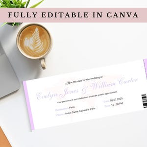Boarding Pass Save the Date Canva Template | Destination Wedding Invitation | Passport Save the Date Invite Purple | Fully editable
