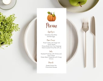 Thanksgiving Menu Card Template | Editable 4x9 Inch Fall Dinner Menu Printable for Thanksgiving or Friendsgiving | Instant download