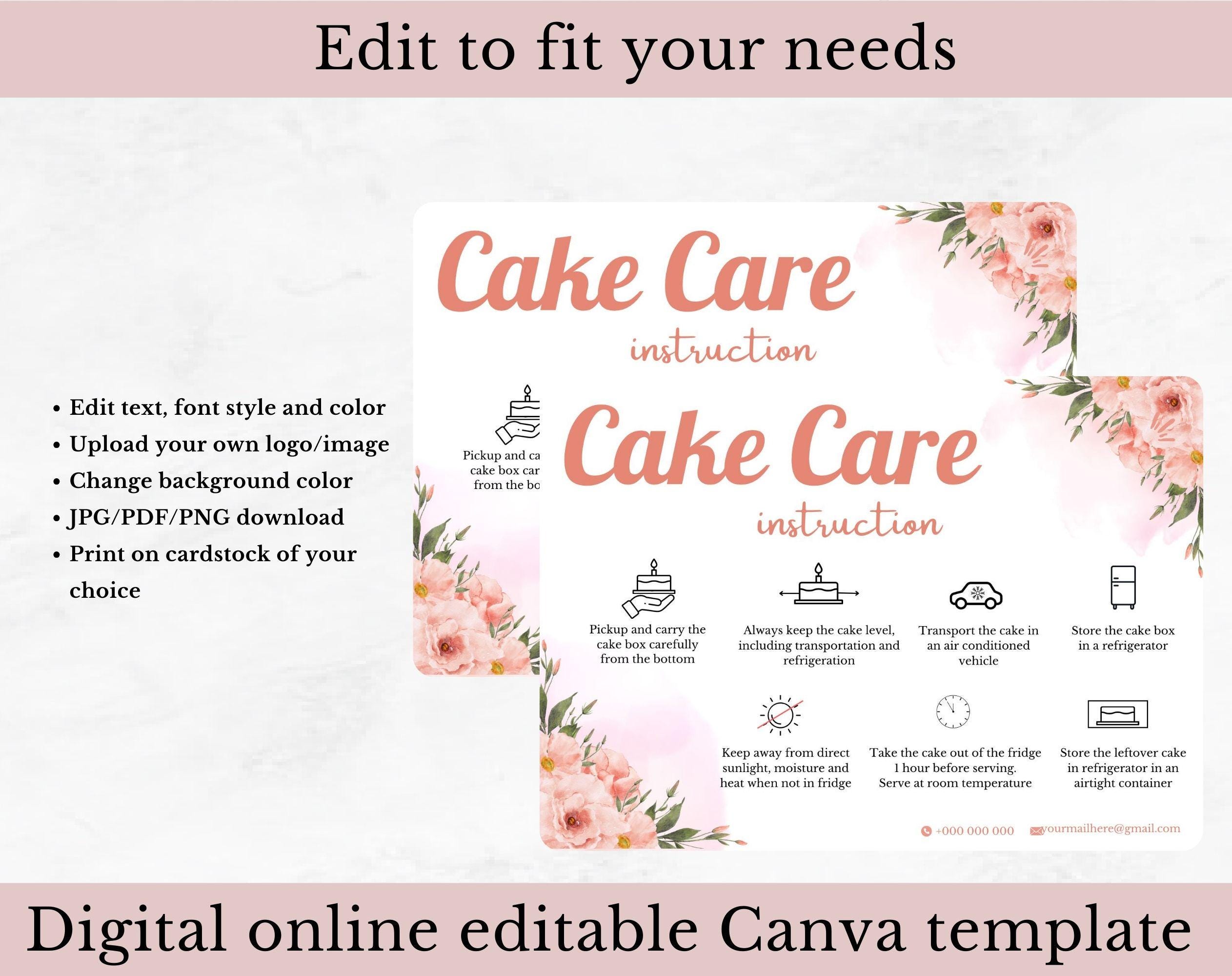 Cake Care Card Template | Canva Editable Wedding Cake Care Cards ...