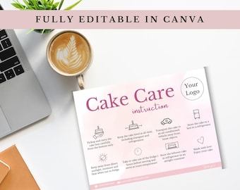 Cake Care Card Template | Canva Editable Wedding Cake Care Cards Instructions Guide | Small Business Inserts Bakery | Instant Download