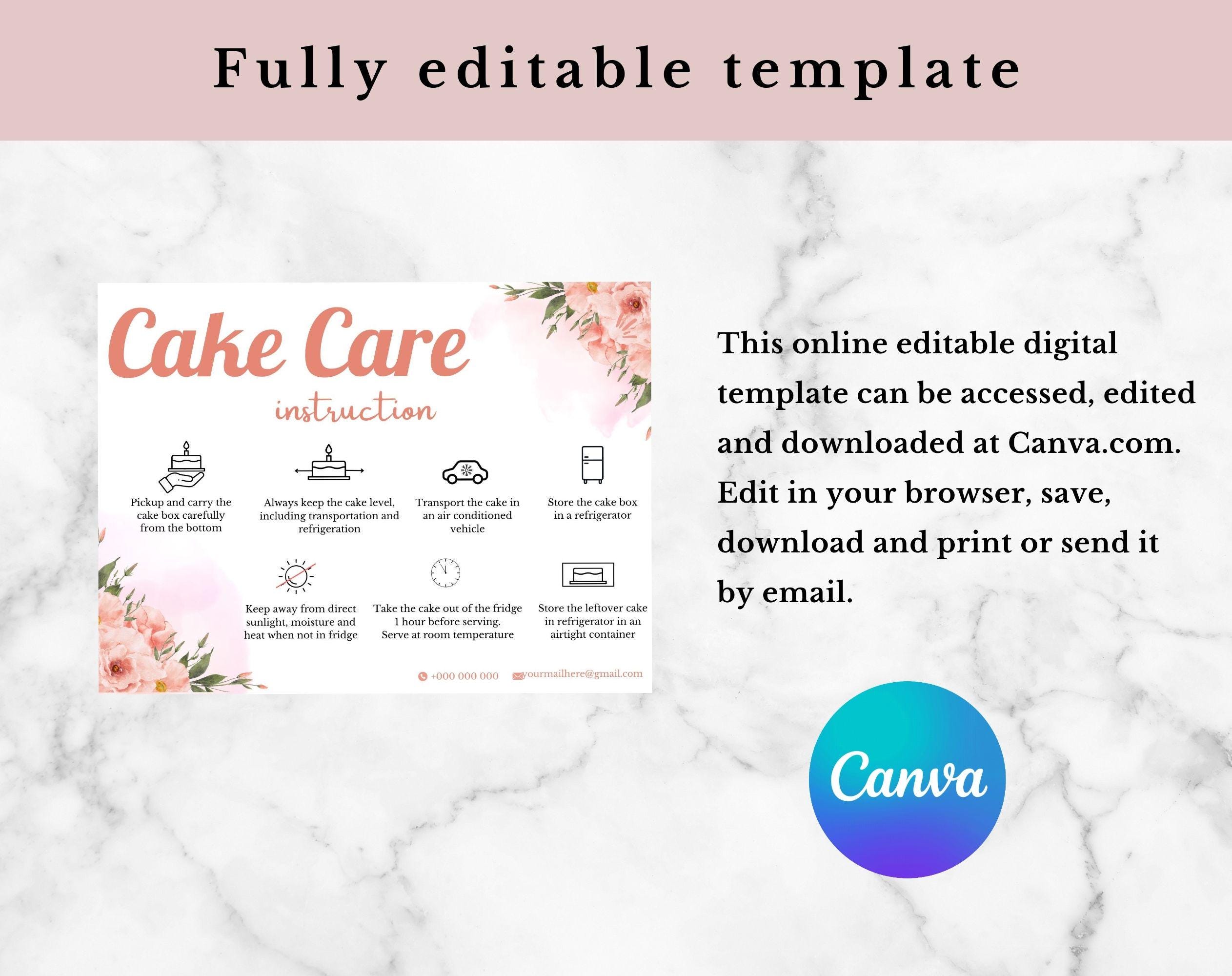 Cake Care Card Template | Canva Editable Wedding Cake Care Cards ...