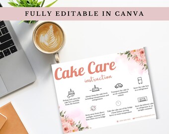 Cake Care Card Template | Canva Editable Wedding Cake Care Cards Instructions Guide | Small Business Inserts Bakery | Instant Download
