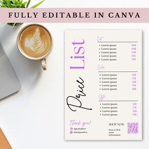 Anpassbare Preisliste für kleine Unternehmen | Bäckerei, Haar-, Lash- & Nagelstudio bearbeitbares Canva-Menü | Direkter download