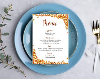 Thanksgiving menu template for Canva | Printable 7 x 5 inch menu card for Thanksgiving dinner, Friendsgiving, and fall parties
