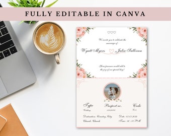 Boarding Pass Wedding Invitation Canva Template | Destination Wedding | Save the date | Passport Wedding Invite Flower | Fully editable