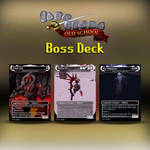 May include: A RuneScape Old School Boss Deck featuring three game cards titled TzKal-Zuk, Vardorvis, and The Whisperer. Each card displays a legendary creature, Eldrazi text, and specific game mechanics. The top of the image features the RuneScape Old School logo and the text Boss Deck in yellow pixelated font.