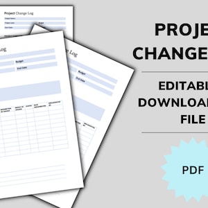 Op de afbeelding: Een afdrukbare sjabloon voor een projectwijzigingslogboek in PDF-formaat. De sjabloon bevat secties voor projectnaam, budget, startdatum, einddatum, projectsamenvatting en conclusie.