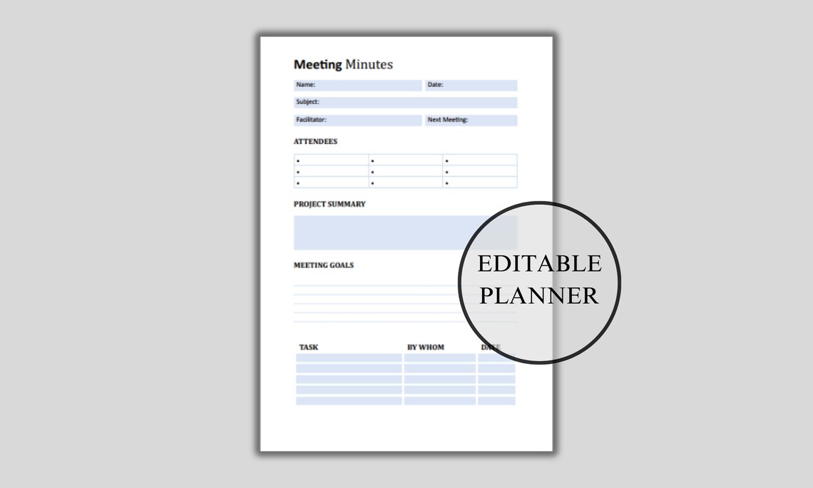 Editable Meeting Minutes Template Professional MS Word Planner