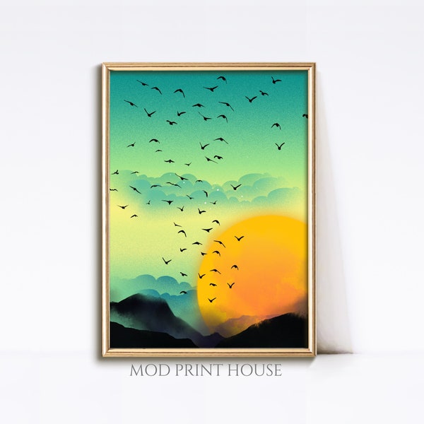 Harmony in flight Printable wall art | horizon mountain landscape sunset colors nature wildlife inviting atmosphere minimalist modern decor