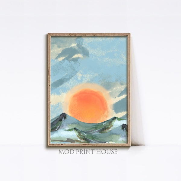 MAJESTIC MOUNTAINS watercolour painting of a sunset PRINTABLE Wall Art- for living room or study goes with rustic modern or minimalist decor