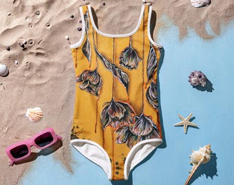 Girls Mustard Floral One Piece Swimsuit, Kids Yellow Flower Bathing Suit, Artistic Botanical Beach Outfit