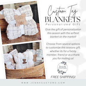 Blanket with Custom Walnut Tag - FREE Shipping, Baby Gift, Personalized Blankets, Blanket with Wood Tag, Christmas Blanket Tag