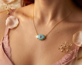 Natural Amazonite Necklace with Pink Teardrop Accent, Gold Chain, Blue Green Crystal Necklace