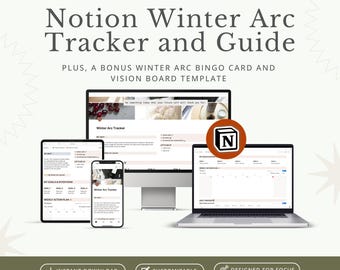 Può includere: Un mockup di prodotto digitale con un Notion Winter Arc Tracker and Guide, visualizzato su un computer desktop, un laptop, un tablet e uno smartphone. Il design include una carta bingo bonus e un modello di vision board. Il testo è "Download istantaneo", "Personalizzabile" e "Progettato per la concentrazione".