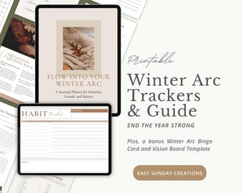 Può includere: Tracker e guida stampabili Winter Arc. L'immagine mostra due tablet che mostrano pagine di pianificazione. Un tablet mostra il testo "Flow Into Your Winter Arc" e l'altro un tracker delle abitudini. Ulteriori pagine di pianificazione sono visibili sullo sfondo.