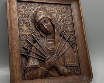 Mother of God Seven Arrows “Softening of Evil Hearts” Personalized Orthodox Icon, Wooden Carved Home Decor, Christian Gift Idea