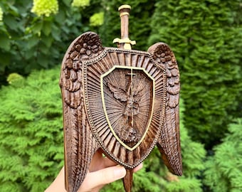 Archangel Michael Wooden Shield Icon, Wood carving gift, Religious Wall Art, Christian Decor, Saint Michael Wall Plaque, Gift for Him