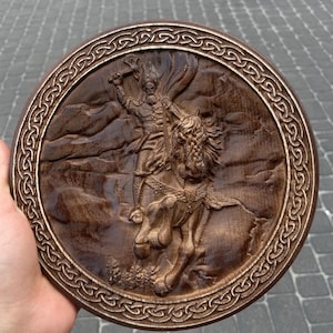 Handcrafted Wooden Thor Shield: Norse Decor with Mjolnir