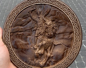 Handcrafted Wooden Thor Shield: Norse Decor with Mjolnir