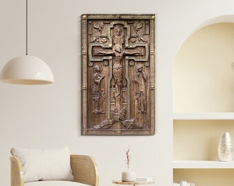 Handcrafted Oak Crucifixion Plaque: Christian Religious Wall Art