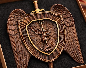 Holy sword and shield of Archangel Michael. Carved wooden shield. Religious gift.