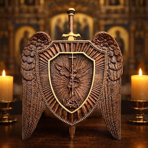 Puede incluir: Una placa de color marrón con textura en forma de escudo que presenta un relieve central de un ángel con alas, una espada y una cruz. La placa está flanqueada por dos grandes alas detalladas y rematada con una empuñadura de espada. El diseño incluye un patrón de rayos de sol.