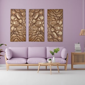 3-teiliges Set Bio-Holz-Wandkunst, abstrakte geschnitzte strukturierte Tafel, natürliches, modernes Dekor, rustikale Wandkunst für ein gemütliches Zuhause, Einweihungsgeschenk