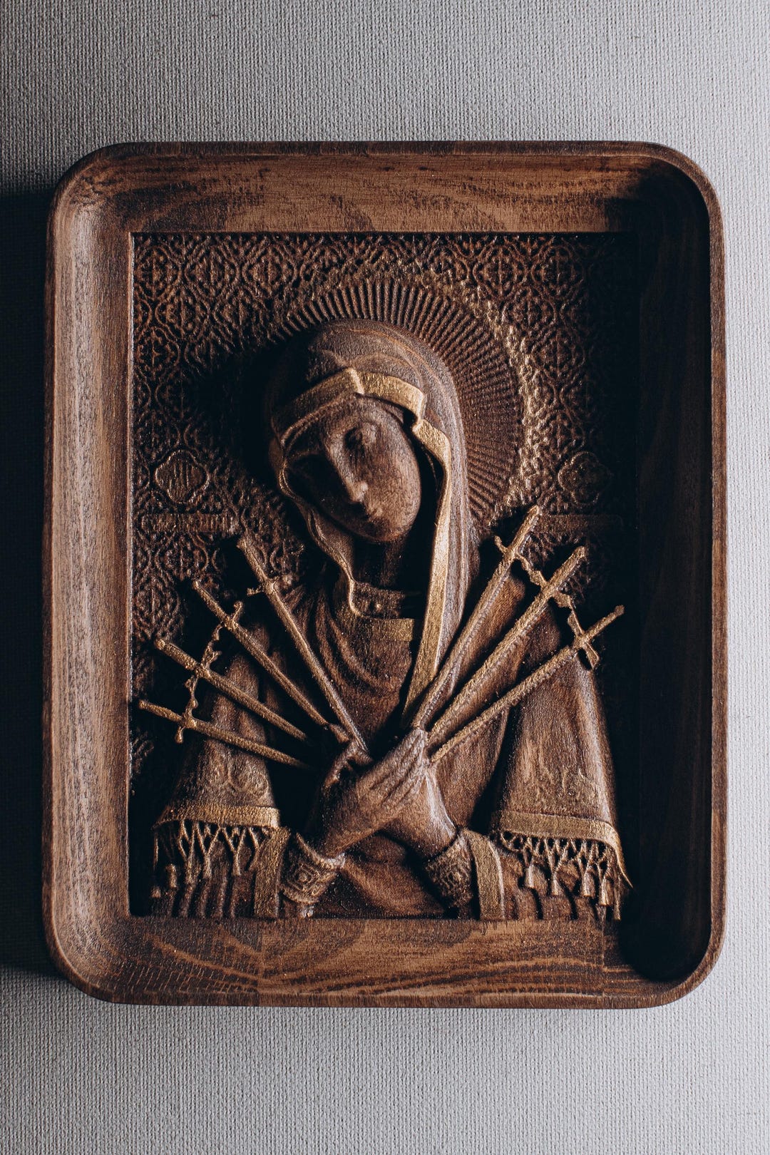 Handcrafted Wooden Our Lady of Sorrows Icon - Carved Religious Plaque ...
