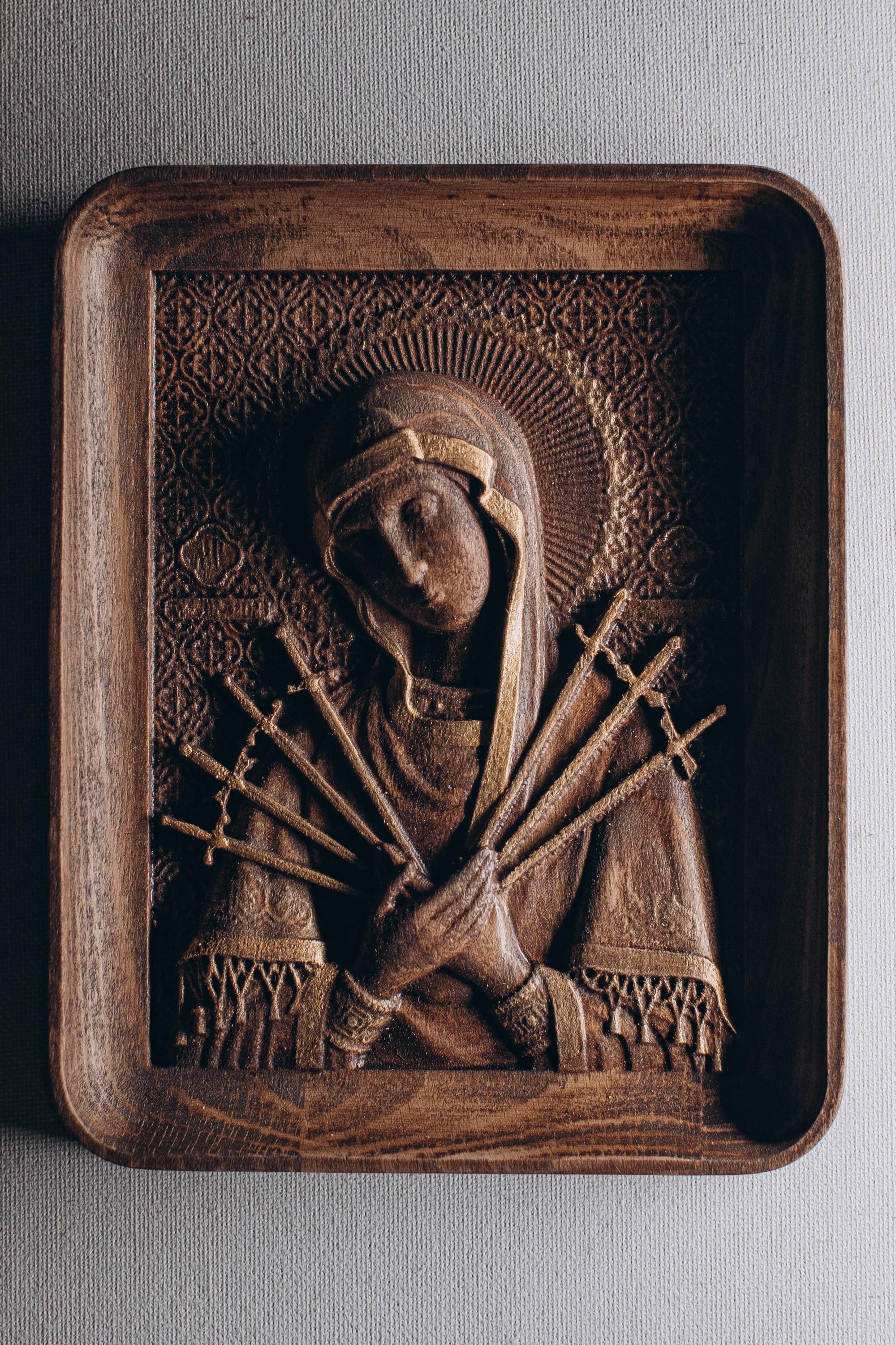 Handcrafted Wooden Icon of Our Lady of Sorrows, Virgin Mary Icon, Carved Wooden Religious Plaque, Christian Sacred Art, Prayer corner