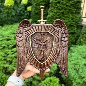 Carved Wooden Archangel Michael Shield: Catholic Christian Wall Art