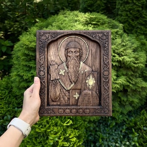 Handgemachte geschnitzte hölzerne Heilige Spyridon Ikone - religiöses Geschenk