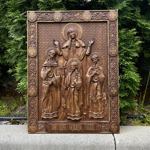 Carved Wood Icon: Saint Sophia and Daughters - Orthodox Religious Decor