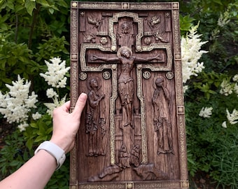 The Crucifixion icon, Wood Plaque Icon, Religious gift, Jesus Christ Holy Cross Handmade, Greek Orthodox icon, Byzantine Art