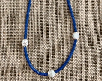 Blue African Trade Beads with Freshwater Pearls