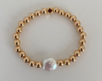 14 kt Gold Filled 6mm Beaded Bracelet with Freshwater Pearl