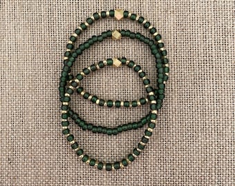 Green and Gold Beaded Bracelet Trio - Beads 4mm - Stretch Bracelet