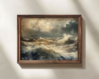 Stormy Sea Vintage Nautical Oil Painting, Coastal Scene Digital Download, Printable Wall Art, Seaside Aesthetic Room Décor, Gallery Wall