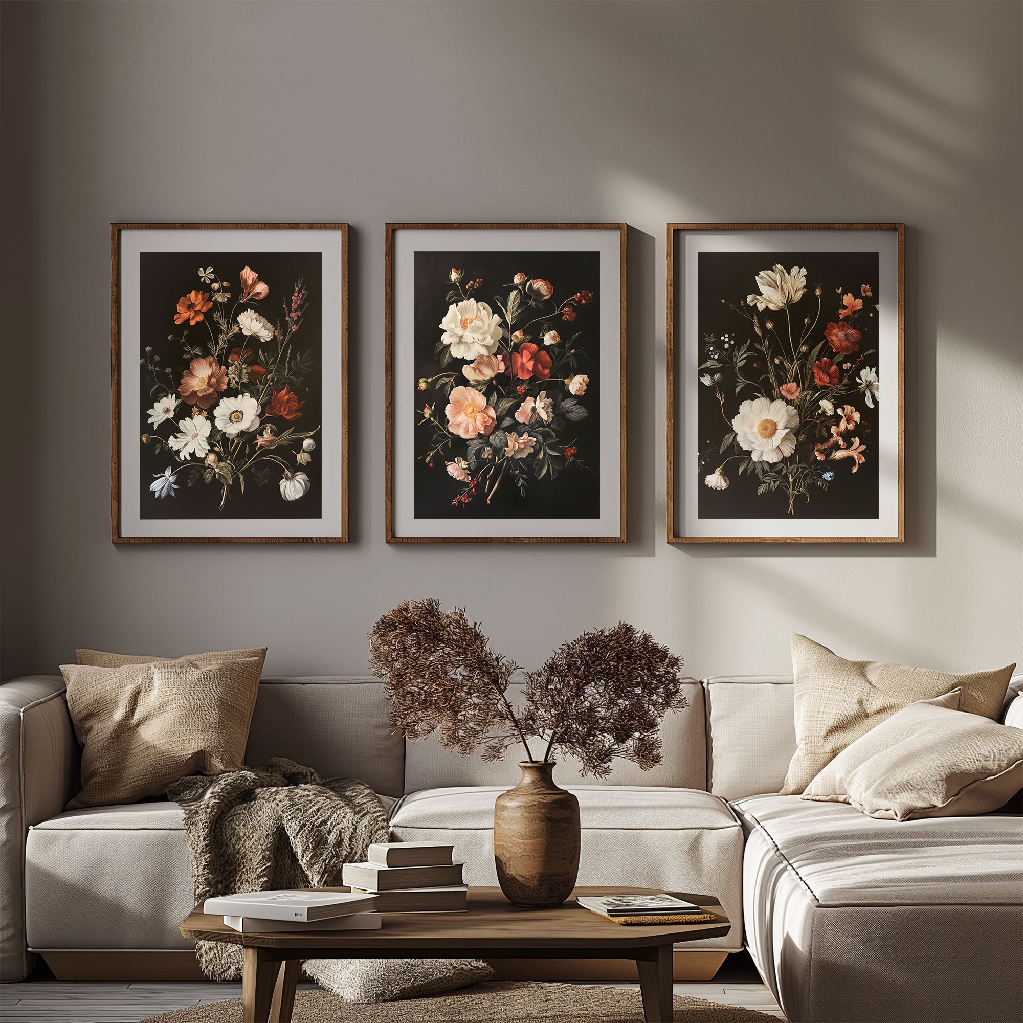 Set of 3 Vintage Floral Oil Painting, Flowers on black background, Still Life, Printable Digital Download, Gallery Wall Art Bundle Deal