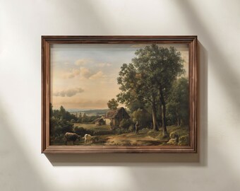 Vintage Landscape Oil Painting, Countryside Scene, Digital Download, Printable Wall Art, Country Aesthetic Room Décor,