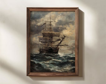 Sailing Ship Vintage Nautical Oil Painting, Coastal Scene Digital Download, Printable Wall Art, Seaside Aesthetic Room Décor, Gallery Wall