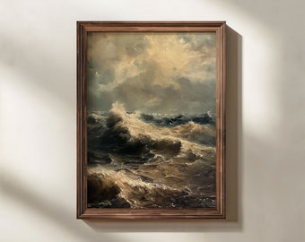 Stormy Sea Vintage Nautical Oil Painting, Coastal Scene Digital Download, Printable Wall Art, Seaside Aesthetic Room Décor, Gallery Wall