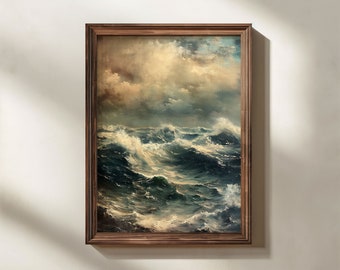 Stormy Sea Vintage Nautical Oil Painting, Coastal Scene Digital Download, Printable Wall Art, Seaside Aesthetic Room Décor, Gallery Wall