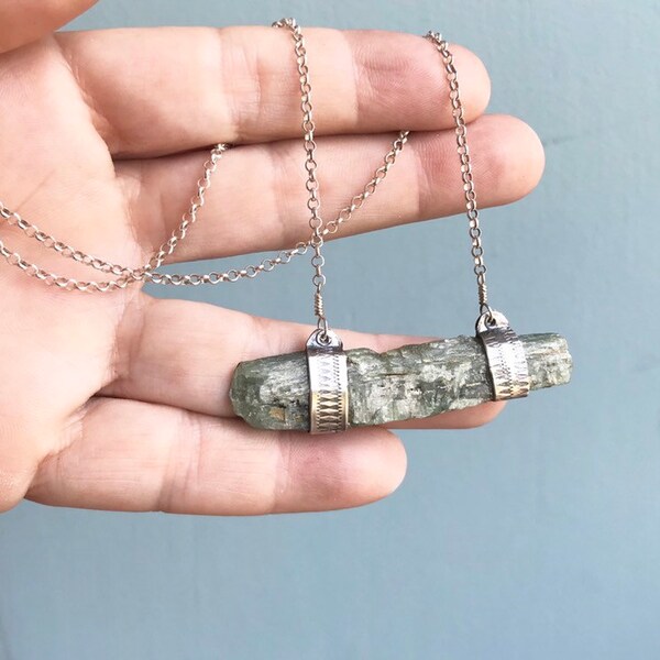 Seafoam Green Rough Kyanite and Sterling Talisman Pendant