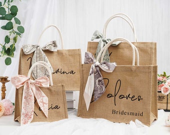 Personalized Bridesmaid Bags, Burlap Tote with Name, Custom Beach Bag, Gift Bag with Alphabett Scarf, Custom Jute Bag for Bridesmaid Gift